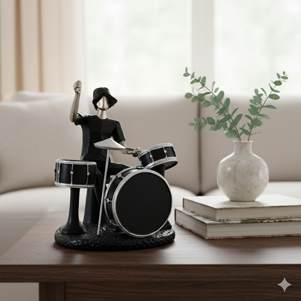 Decorative Musician Figurine – Silver & Black Drummer