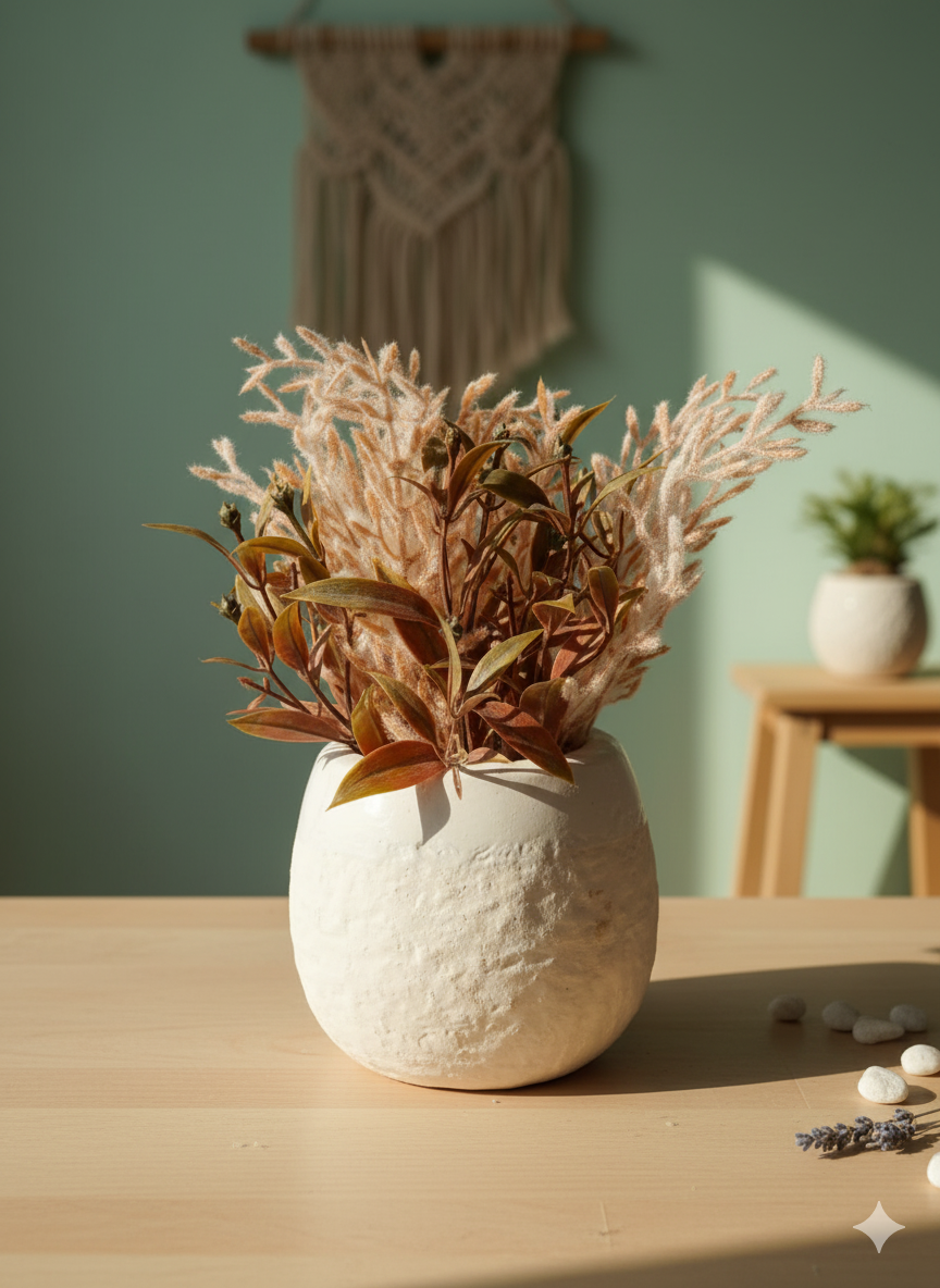 Textured Ceramic Planter with Artificial Brown-Green Leaves & Cream Sprigs