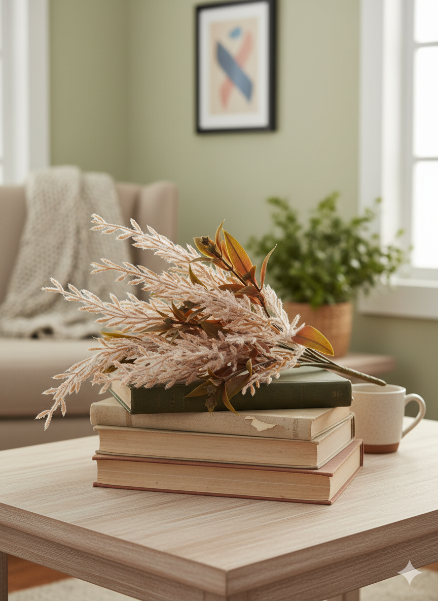 Artificial Filler Stick – Brown-Green Leaves with Soft Beige Fuzzy Sprigs