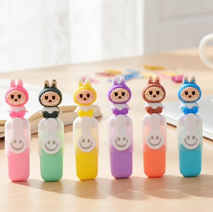 Cute Labubu Highlighter Set – 6 Pcs Pastel Highlighters for Kids, School & Journaling
