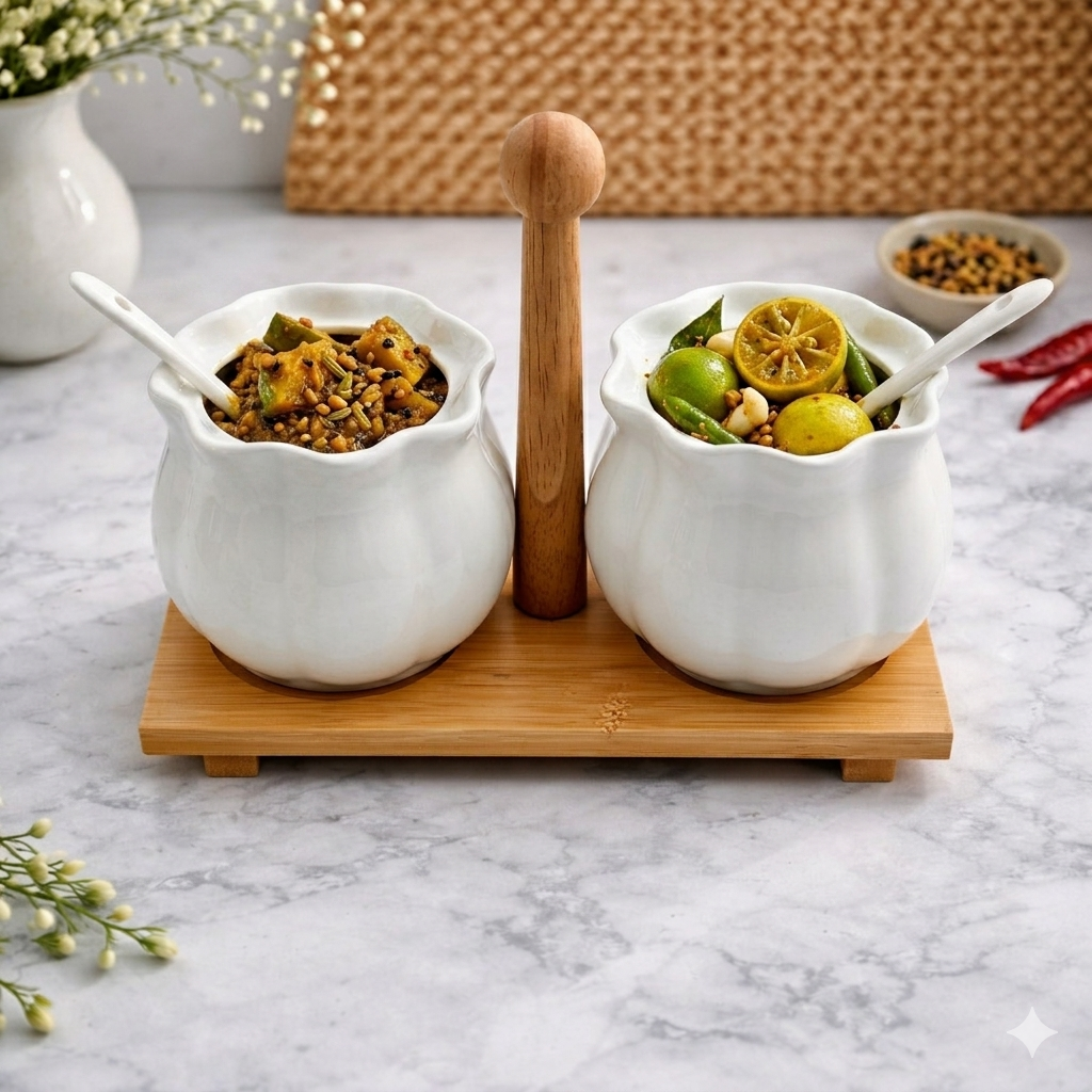 Ceramic Jar Set with Wooden Tray for Pickle & Condiments (Set of 2)