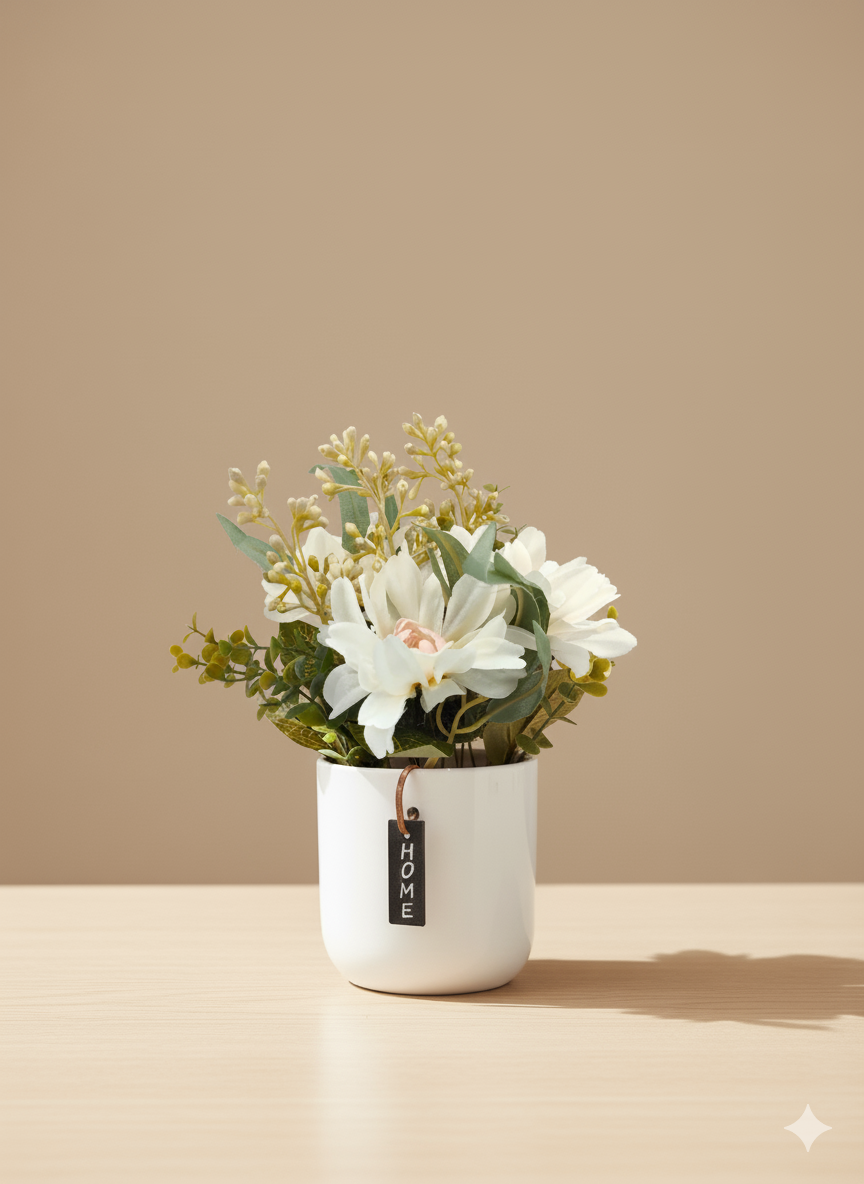 White Ceramic Planter with Artificial White Flowers & Green Foliage