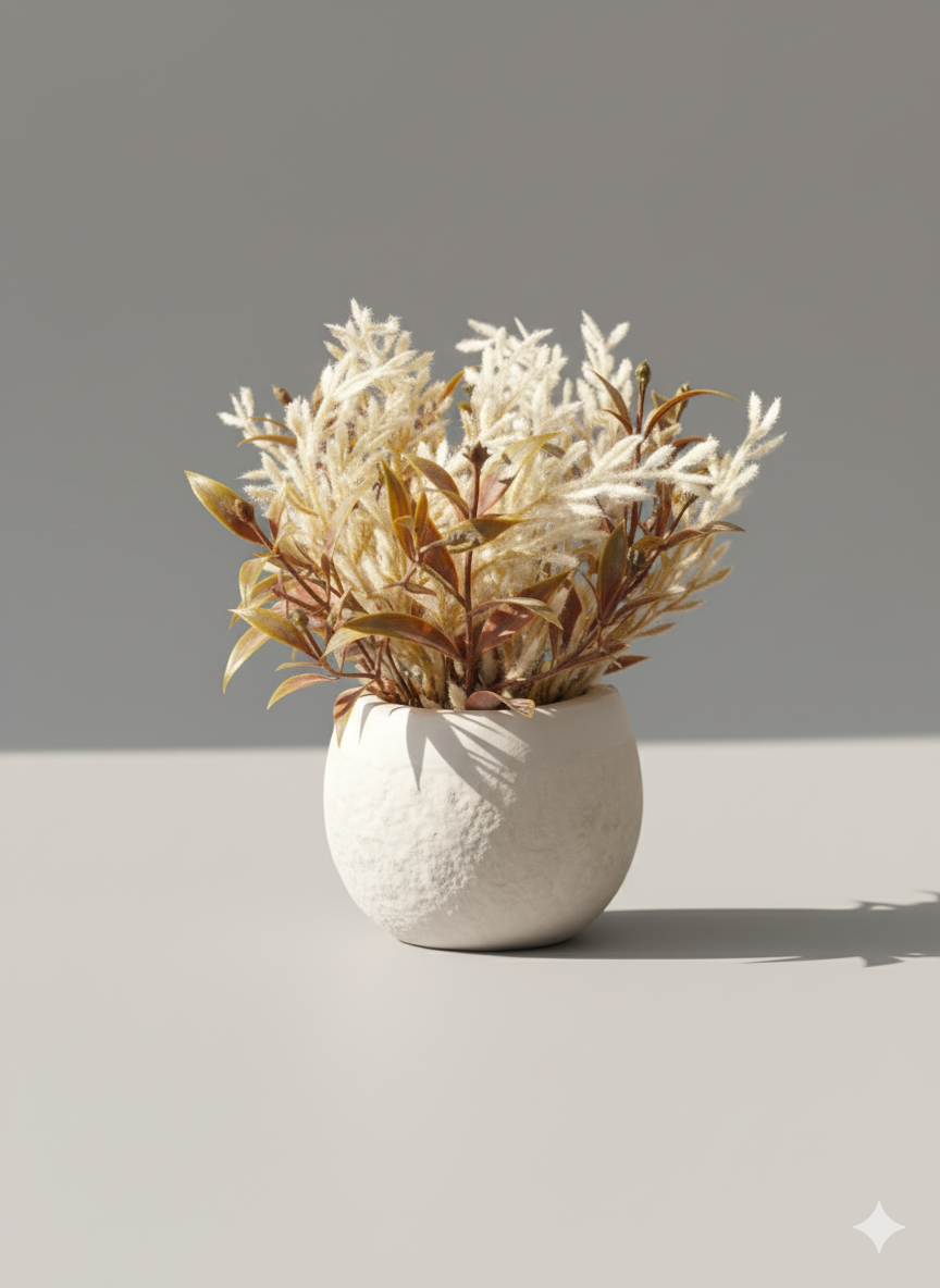 Textured Ceramic Planter with Artificial Brown-Green Leaves & Cream Sprigs