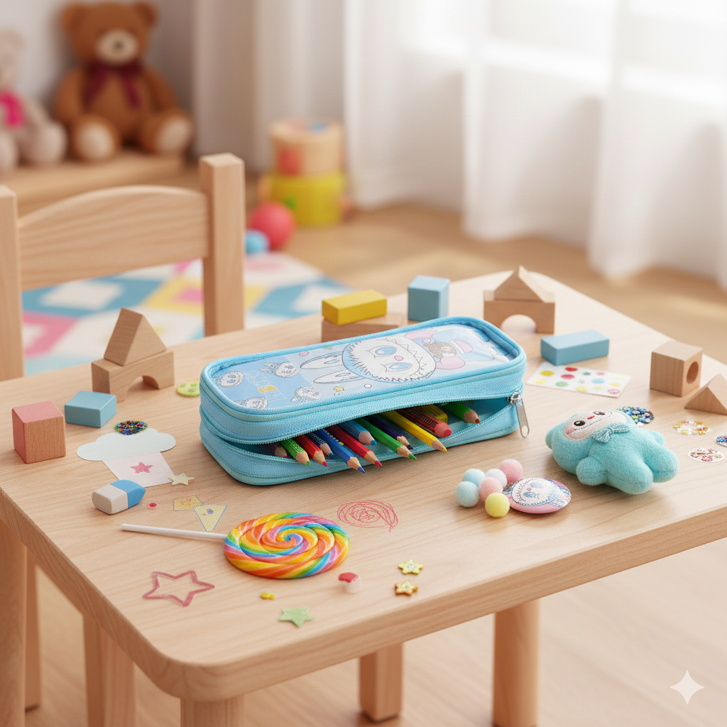 Pen/Pencil Pouch-with soft toy labubu and badge- Blue