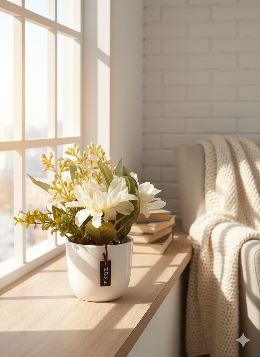 White Ceramic Planter with Artificial White Flowers & Green Foliage