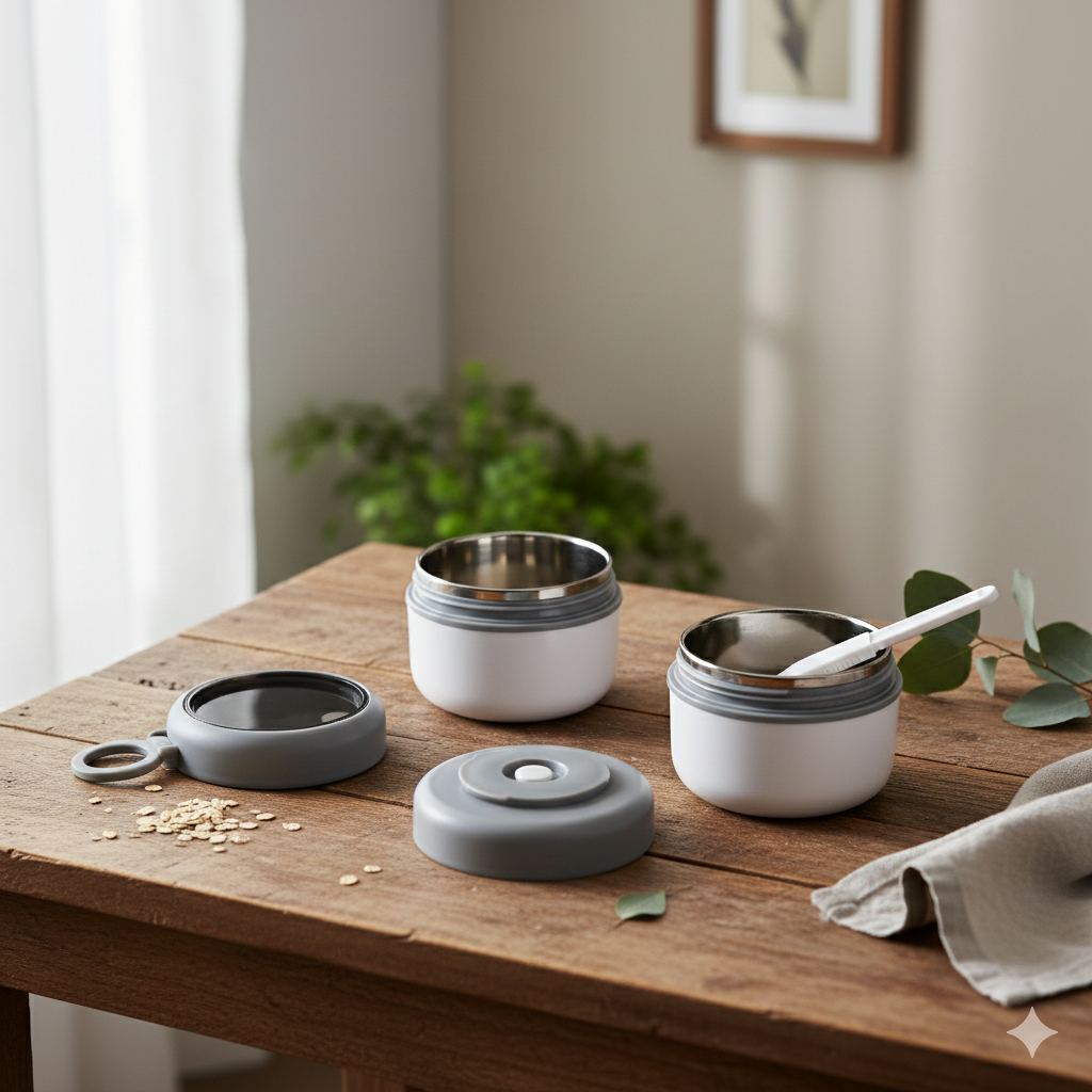 Double Compartment Stainless Steel Twist & Go Lunch Box (White with Grey)