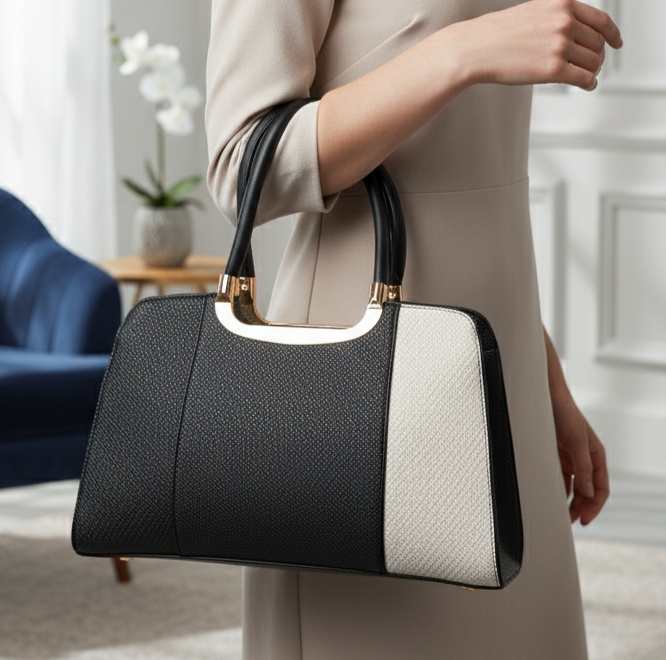 Women’s Two-Toned Handbag – Black & off White with Gold Detailing and Sling Strap