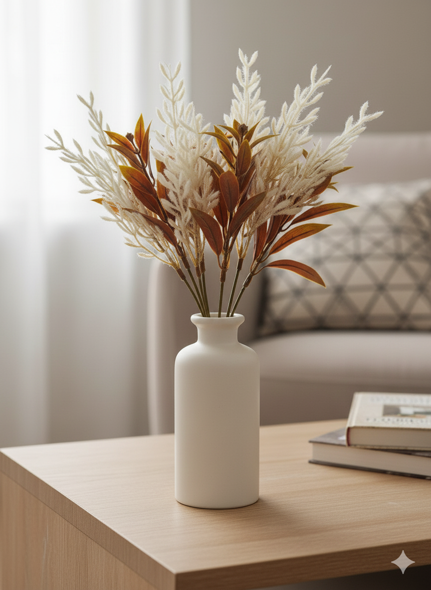 Artificial Filler Stick–Brown-Green Leaves with Cream-White Sprigs