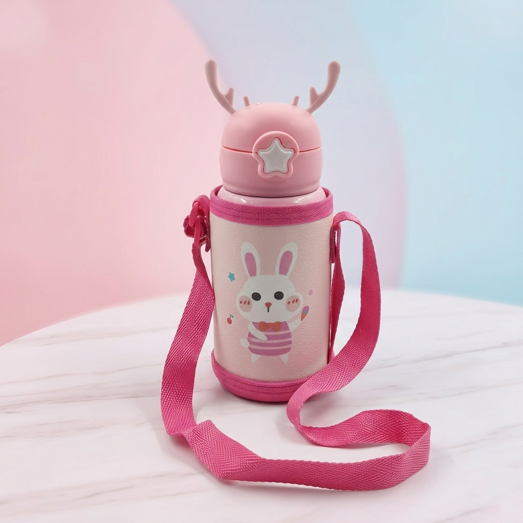 Kids Insulated(SS 304) Water Bottle with Straw Lid, Cute Bear Design, Leakproof, Strap & Carry Sleeve