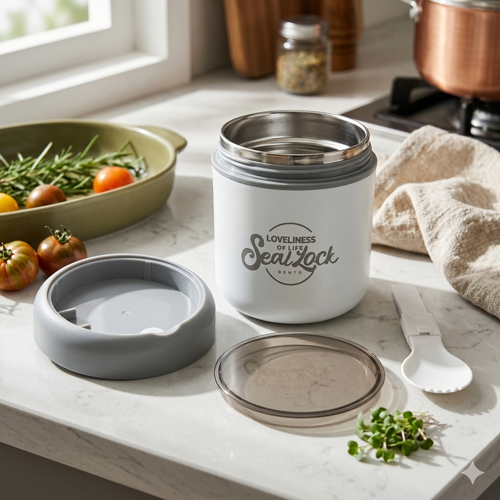 Bella N Bloom Stainless Steel Insulated Lunch Box with Spoon, Leakproof Twist Lid Food Jar, White & Grey, Compact Meal Container for Office, School & Travel