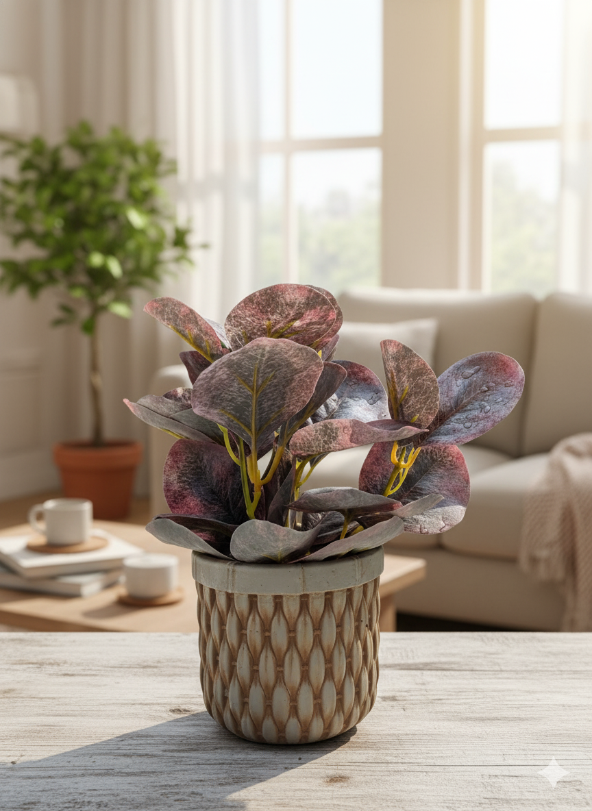 Textured Ceramic Planter with Artificial Maroon-Green Leaves