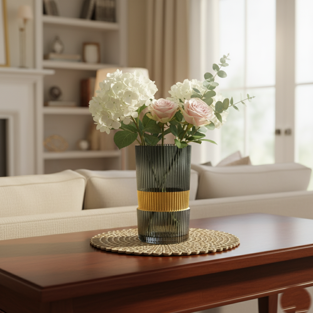 Small Smoky Grey Ribbed Glass Vase Set with Gold Accent