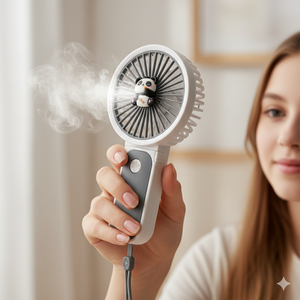 Hand Operated Mini Fans (Grey white body with Panda Charm)