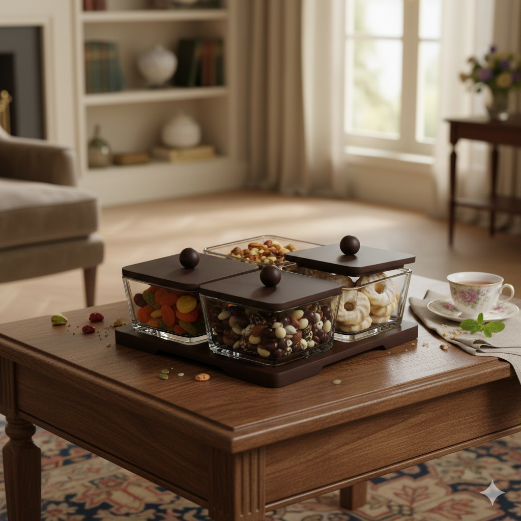 Premium 4-Piece Glass Jar Set with Black Wooden Lids & Organizer Tray