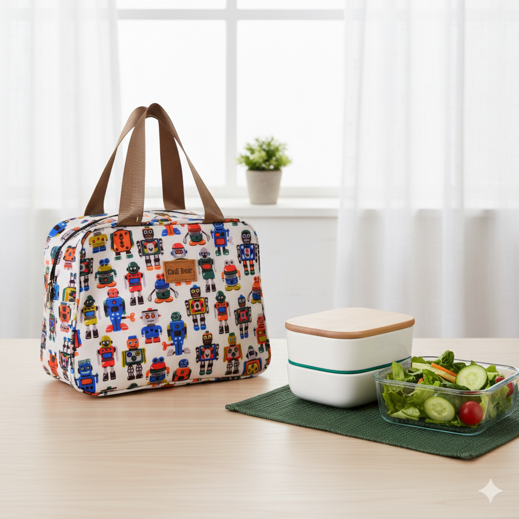 White Base with Colorful robot Printed- Insulated Lunch Bag