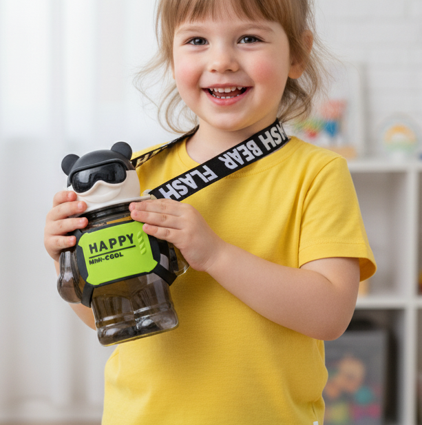Happy Teddy Water Bottle- 450ml (Black)