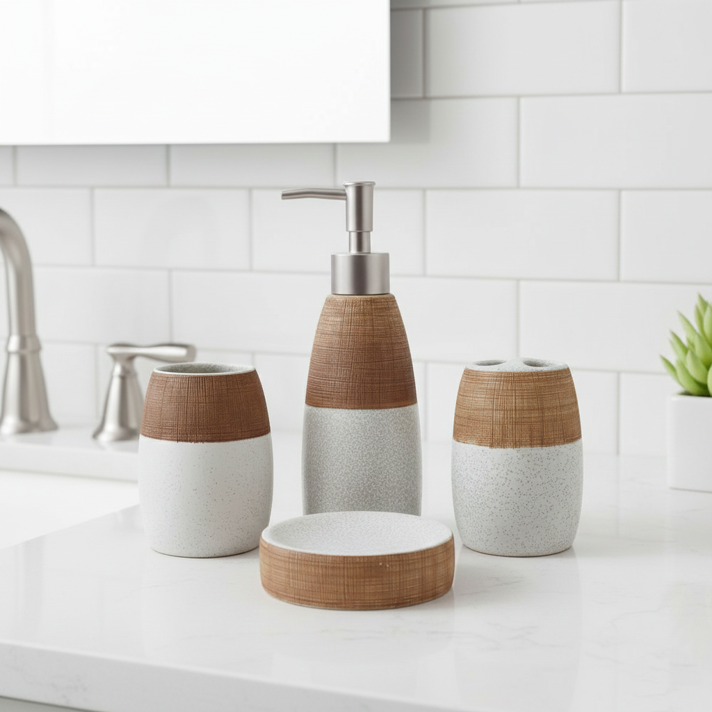 Elegant Two-Tone-Look Bathroom Accessory Set – Soap Dispenser, Toothbrush Holder, Tumbler & Soap Holder (4-Piece Set)