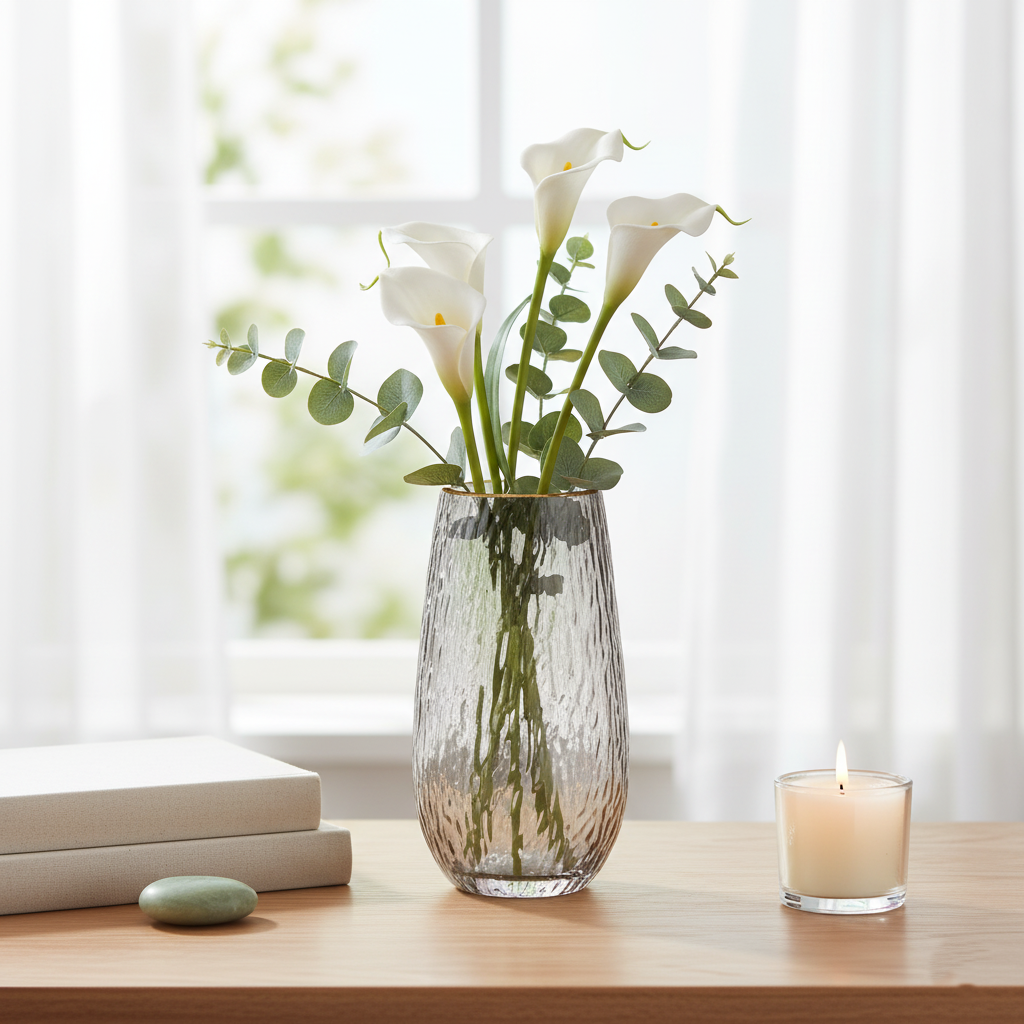 Smoky Grey Glass Vase with Gold Rim – Tall Cylindrical Ripple Design