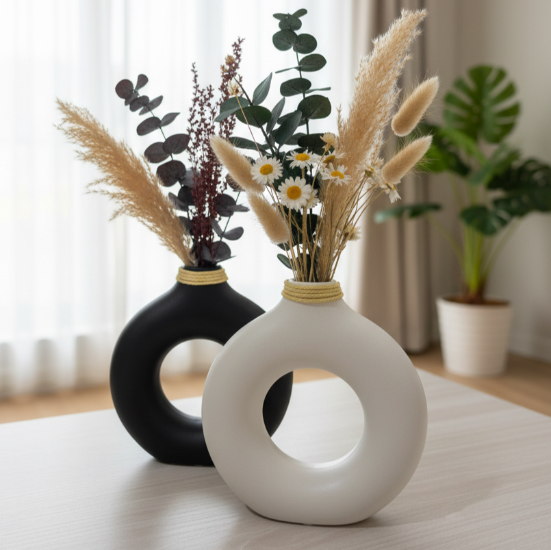 Set of 2 Black & White Ceramic Donut Vases – Matte Finish with Yellow Rope Accent