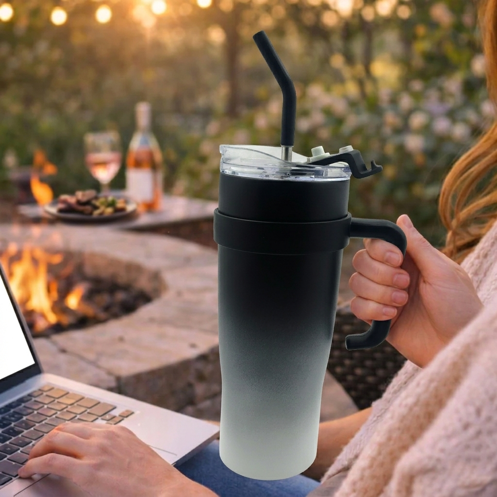 Bella N Bloom 1200ml Stainless Steel Insulated Tumbler with Handle & Straw Lid (Black Gradient)