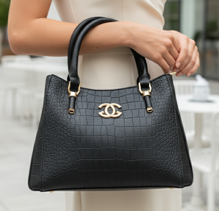 Women’s Black Textured Handbag – Leatherette Finish with Gold Detailing & Sling Strap