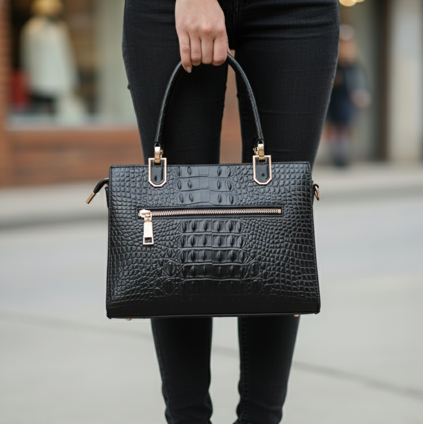 Women’s Black Textured Handbag – Leatherette Finish with Gold Detailing & Sling Strap