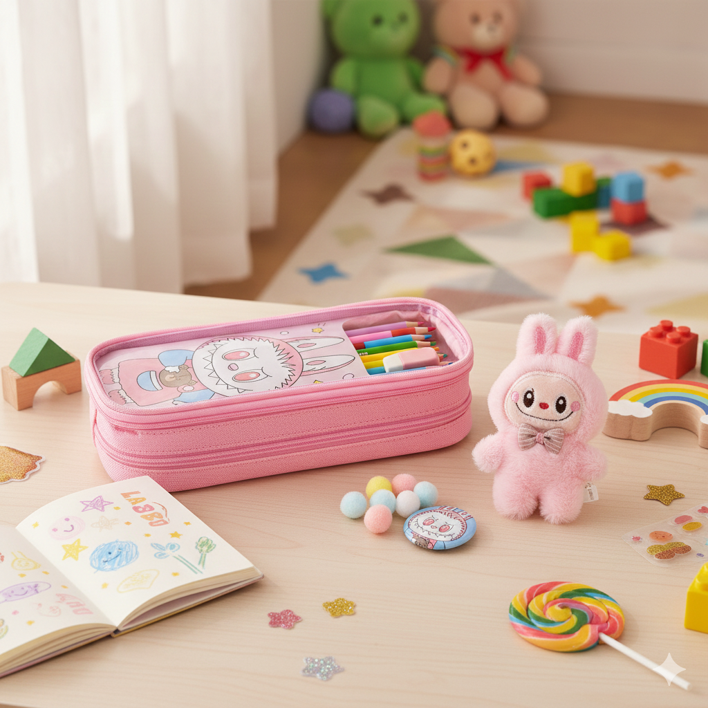 Pen/Pencil Pouch-with soft toy labubu and badge- Pink