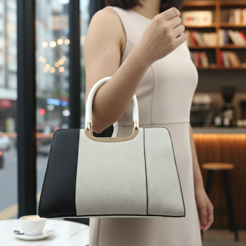 Women’s Two-Toned Handbag – Off-White & Black with Gold Detailing and Sling Strap