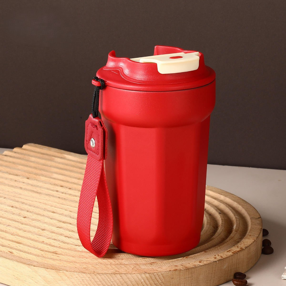 Insulated Coffee Mug Tumbler with Flip Lid & Strap, Stainless Steel Leakproof Travel Cup (Red)