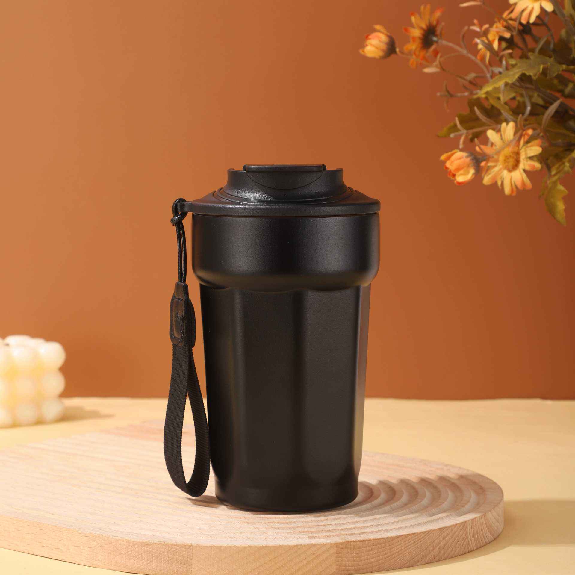 Insulated Coffee Mug Tumbler with Flip Lid & Strap, Stainless Steel Leakproof Travel Cup (Black)