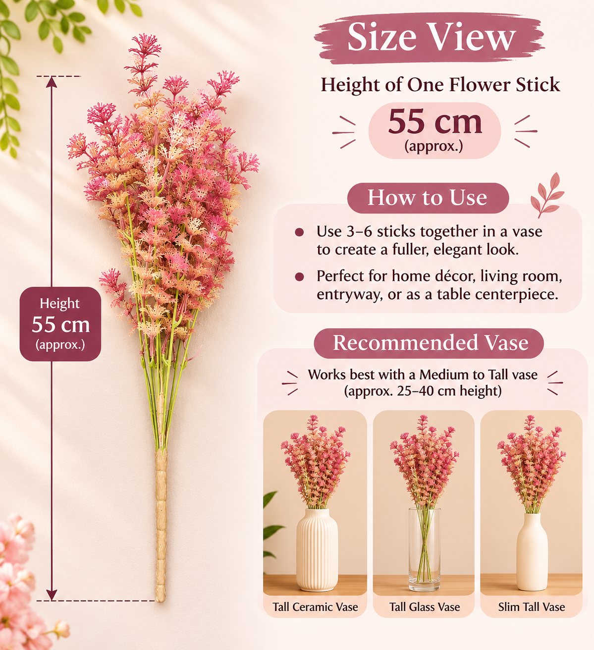 Artificial Pastel Pink/Purple Feathery Wild Flower Sticks for Home Decor, 55 cm, Pack of 2