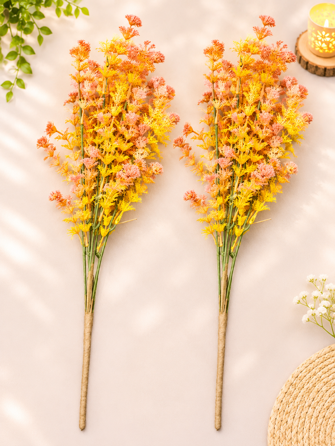 Artificial Pastel Yellow Feathery Wild Flower Sticks for Home Decor, 55 cm, Pack of 2