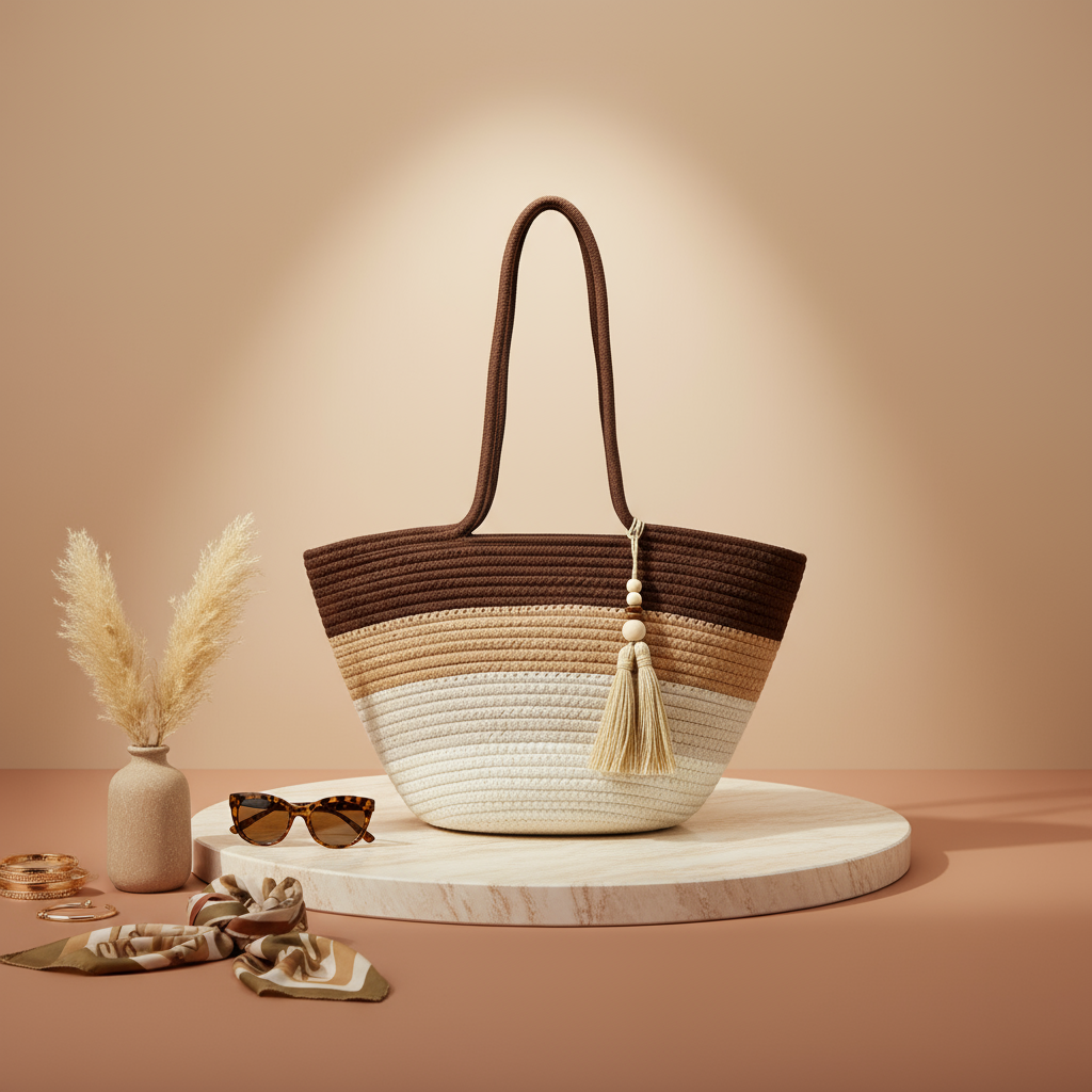 Brown & Beige Cotton Woven Tote Bag