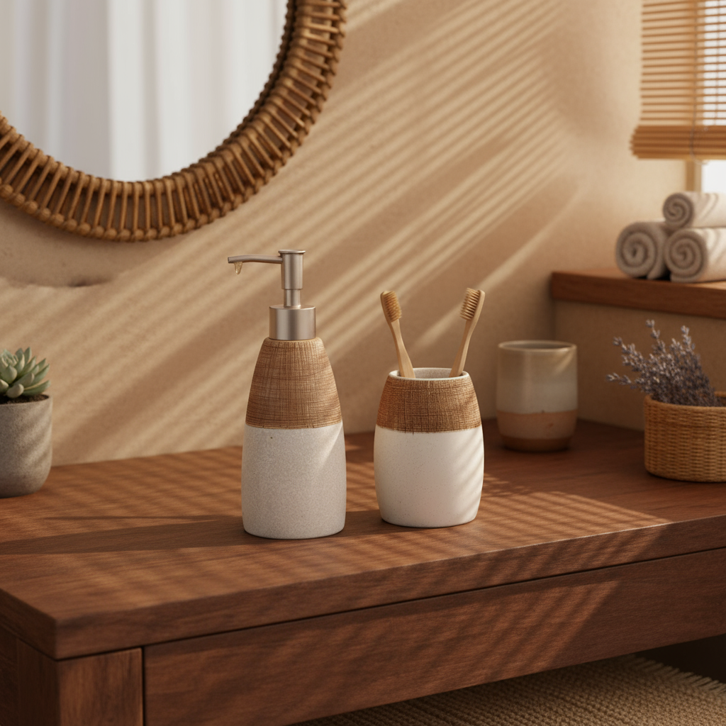 Rustic Stone & Wood Finish Bathroom Accessory Set – Soap Dispenser & Toothbrush Holder (2-Piece)