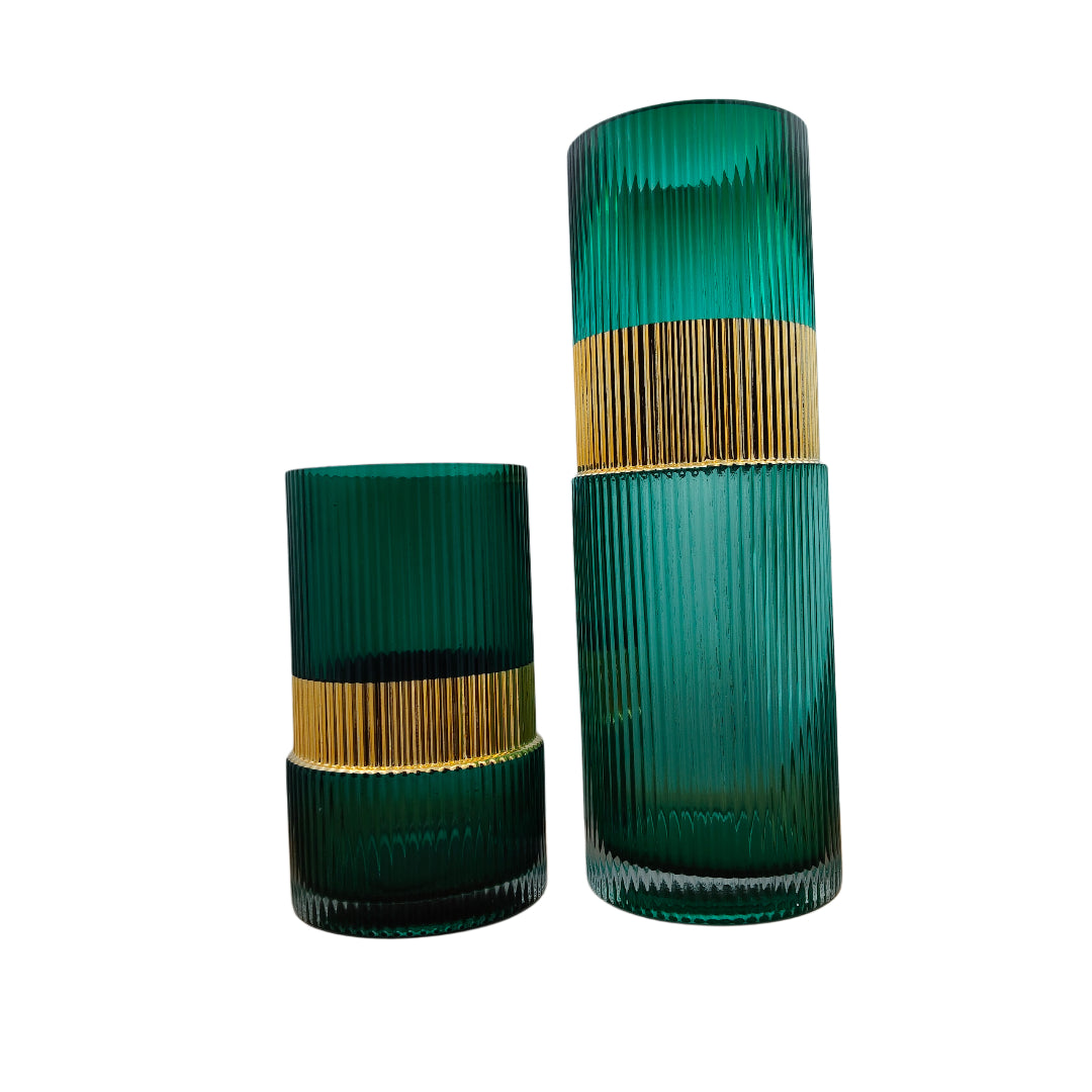 Turquoise Ribbed Glass Vase Set with Gold Accent (Set of 2)