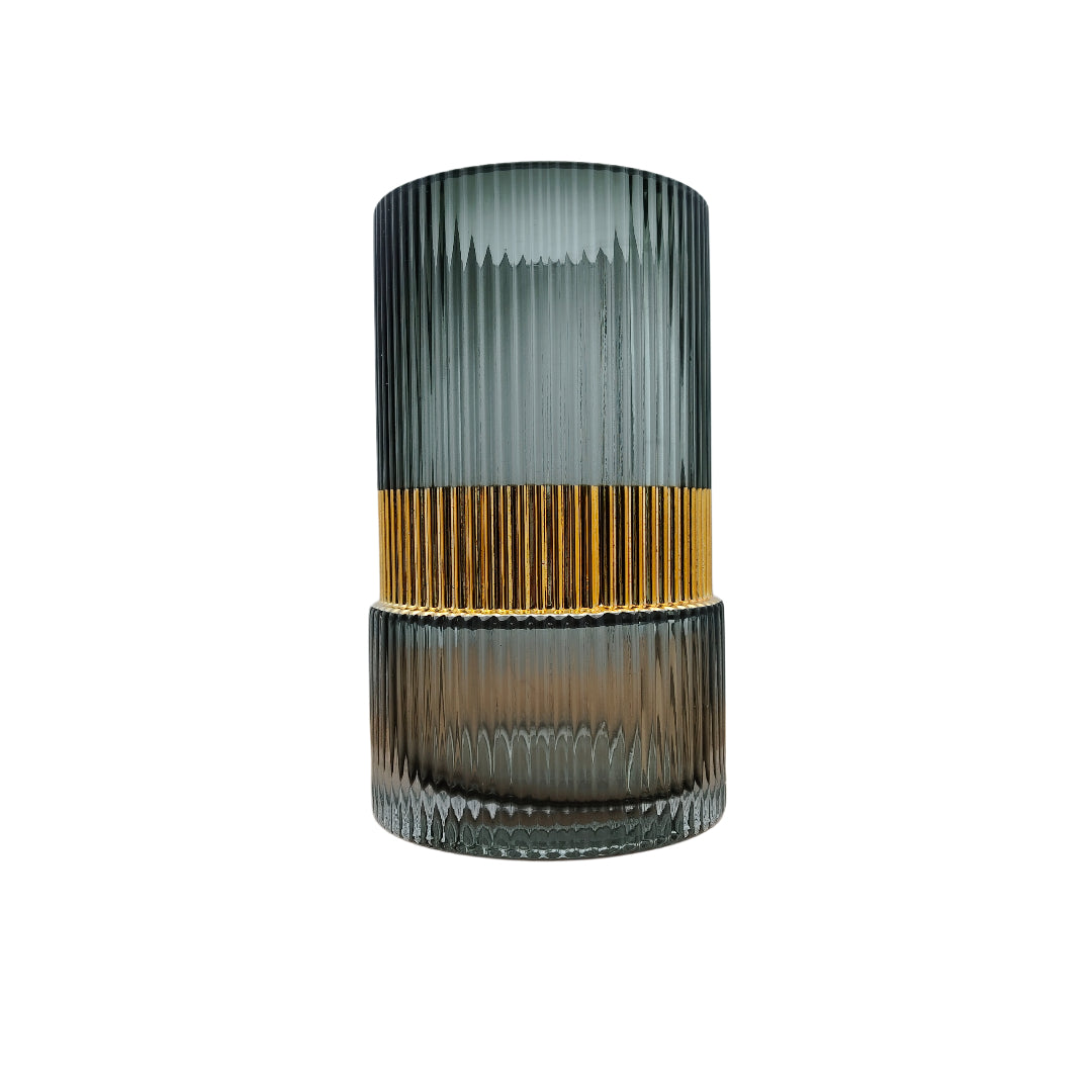 Small Smoky Grey Ribbed Glass Vase Set with Gold Accent