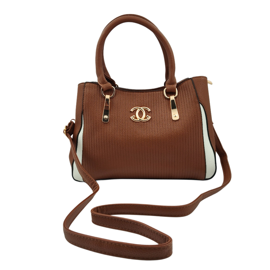 Women’s Brown & White Textured Handbag – Polyurethane Finish with Gold Accents & Adjustable Sling Strap