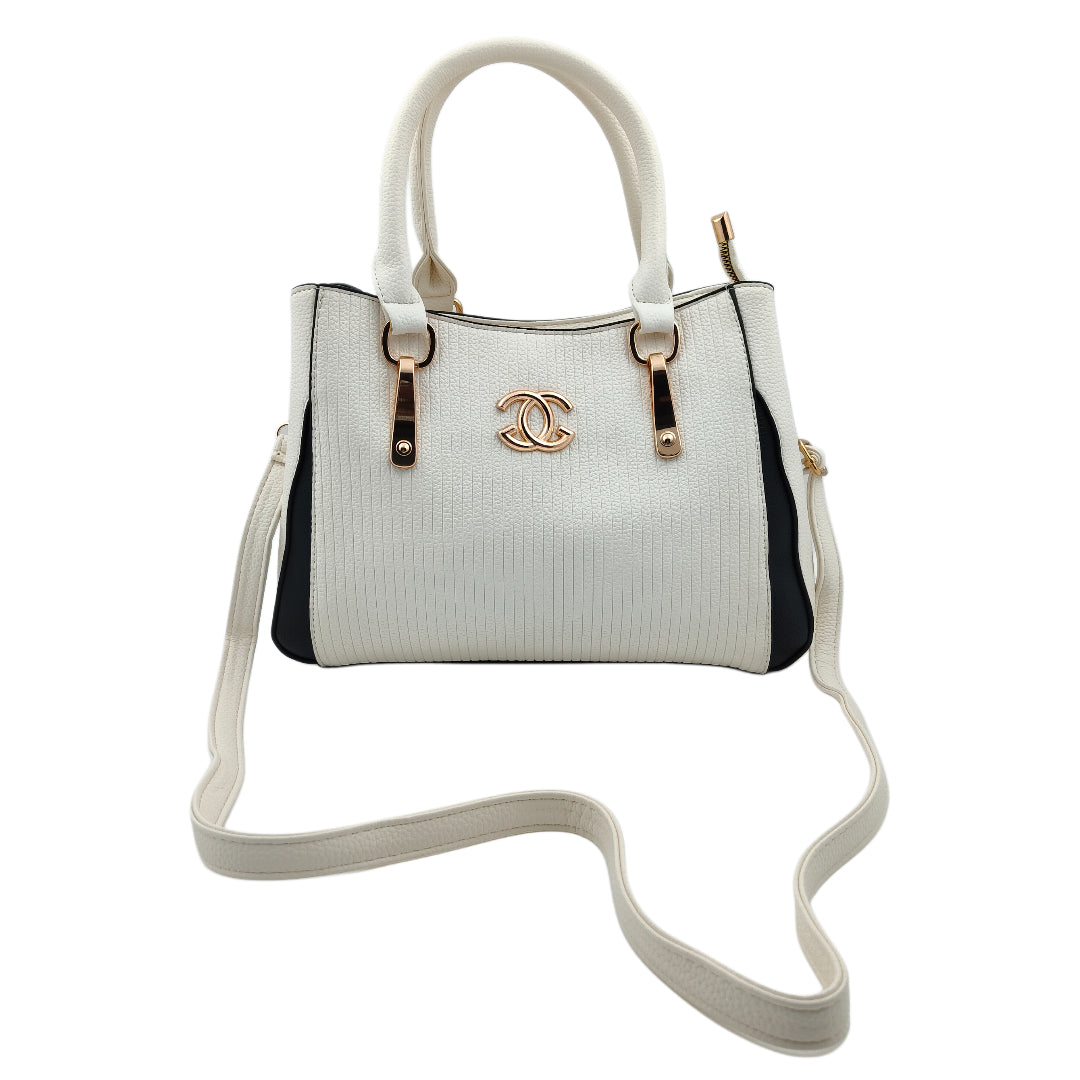 Women’s White & Black Textured Handbag – Polyurethane Finish with Gold Accents & Adjustable Sling Strap