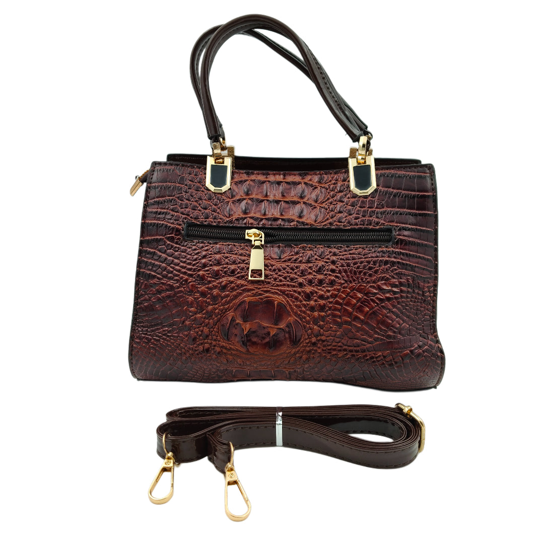 Women’s Dark Maroon Croc-Texture Handbag – Leatherette Finish with Gold Detailing & Sling Strap