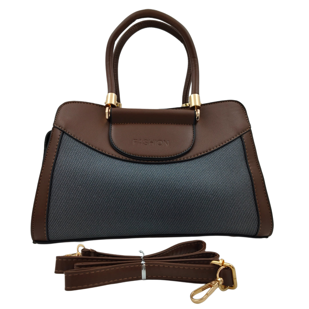 Women’s Brown & Grey Handbag – Polyurethane Textured Finish with Gold Accents & Adjustable Sling Strap