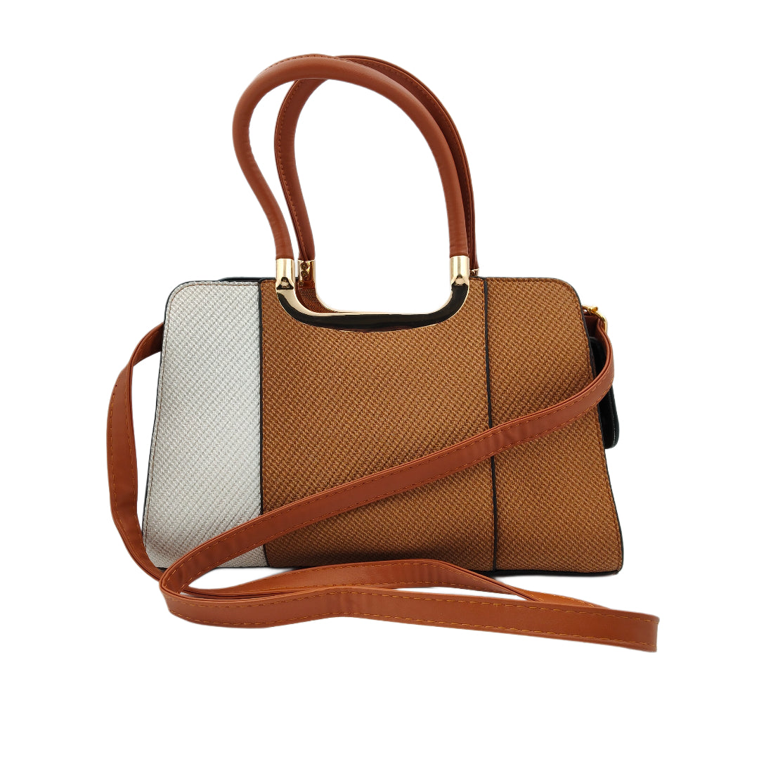 Women’s Two-Toned Handbag – Beige & Orangish Brown with Gold Detailing and Sling Strap