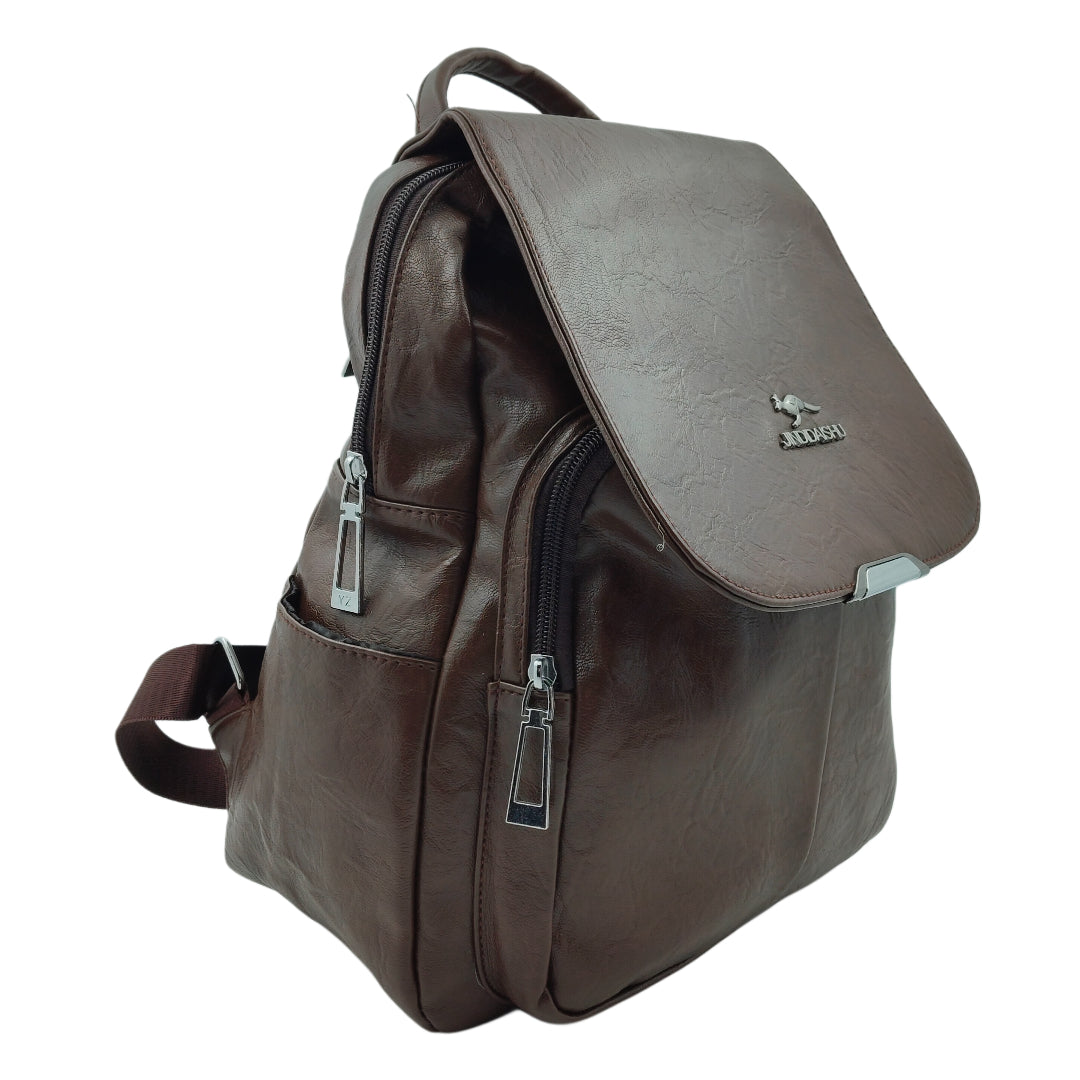 Unisex Brown Leather-Look Backpack – Multi-Pocket Design with Adjustable Straps & Secure Flap Closure