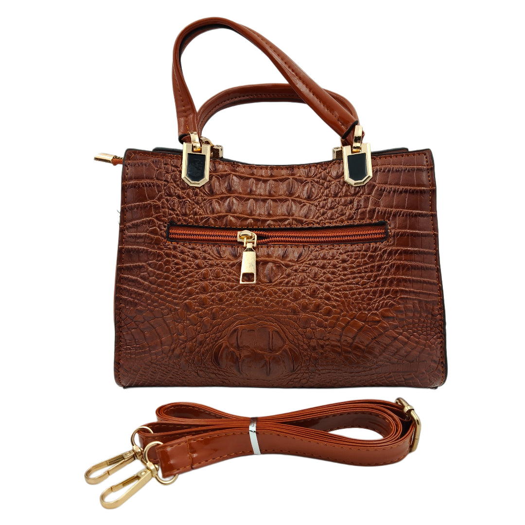 Women’s Brown Textured Handbag – Leatherette Finish with Gold Detailing & Adjustable Sling Strap