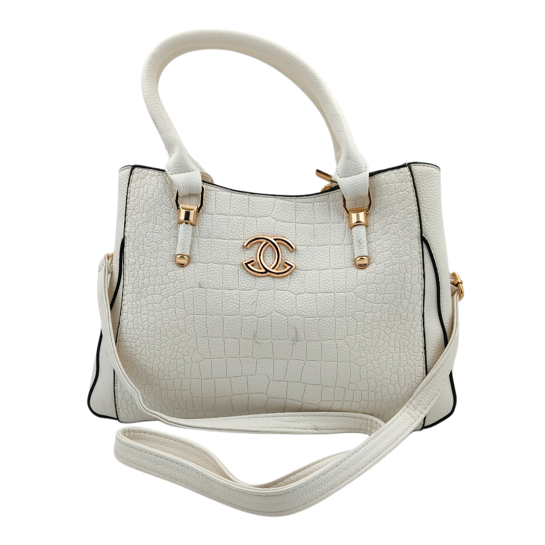 Women’s White Textured Handbag – Leatherette Finish with Gold Detailing & Adjustable Sling Strap