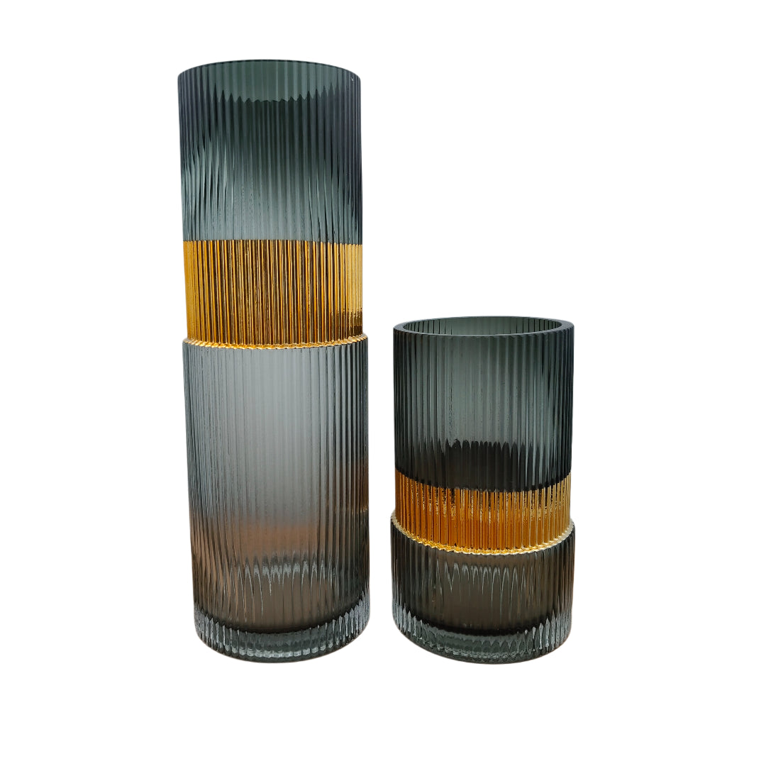 Smoky Grey Ribbed Glass Vase Set with Gold Accent (Set of 2)