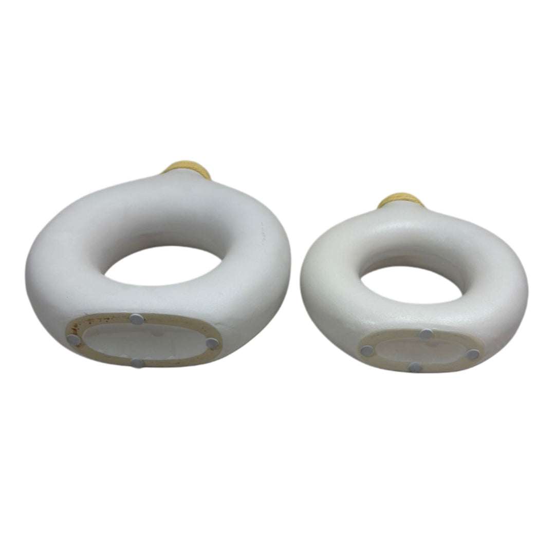 Set of 2 White Ceramic Donut Vases – Matte Finish with Yellow Rope Design