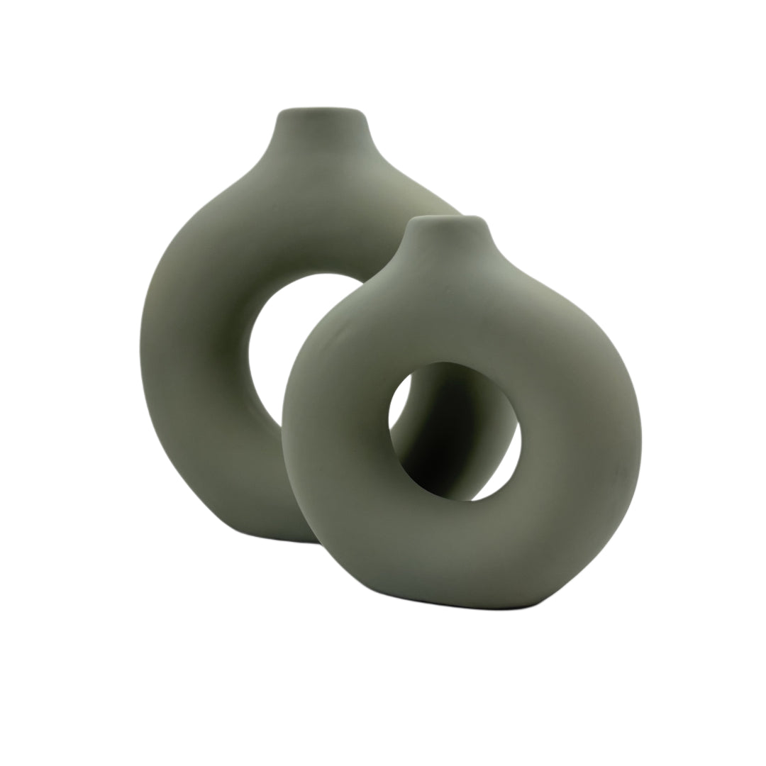 Set of 2 Decorative Olive Green Ceramic Vases – Matte Finish Round Style (Copy)