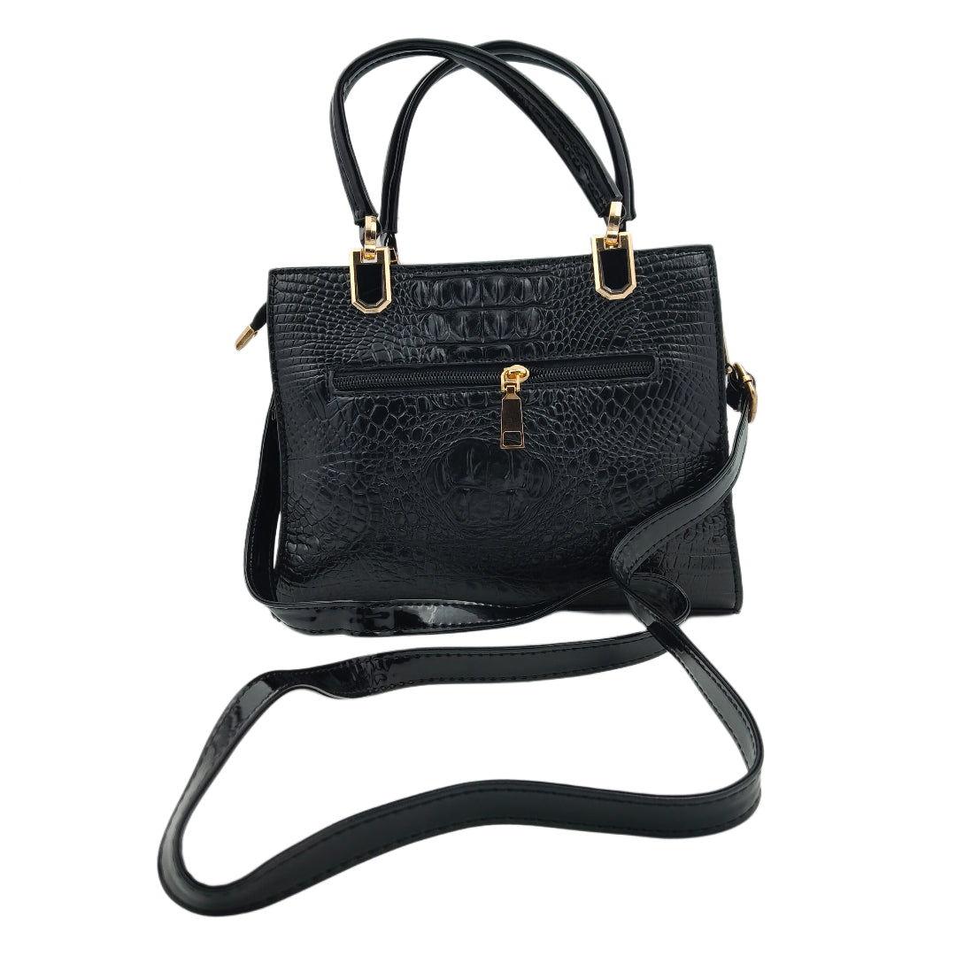 Women’s Black Textured Handbag – Leatherette Finish with Gold Detailing & Sling Strap