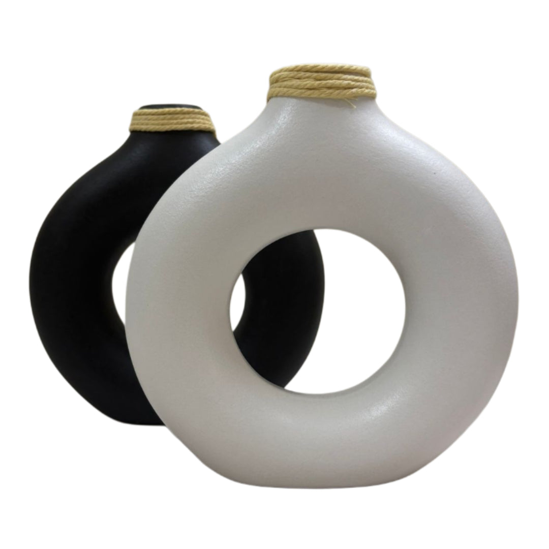 Set of 2 Black & White Ceramic Donut Vases – Matte Finish with Yellow Rope Accent