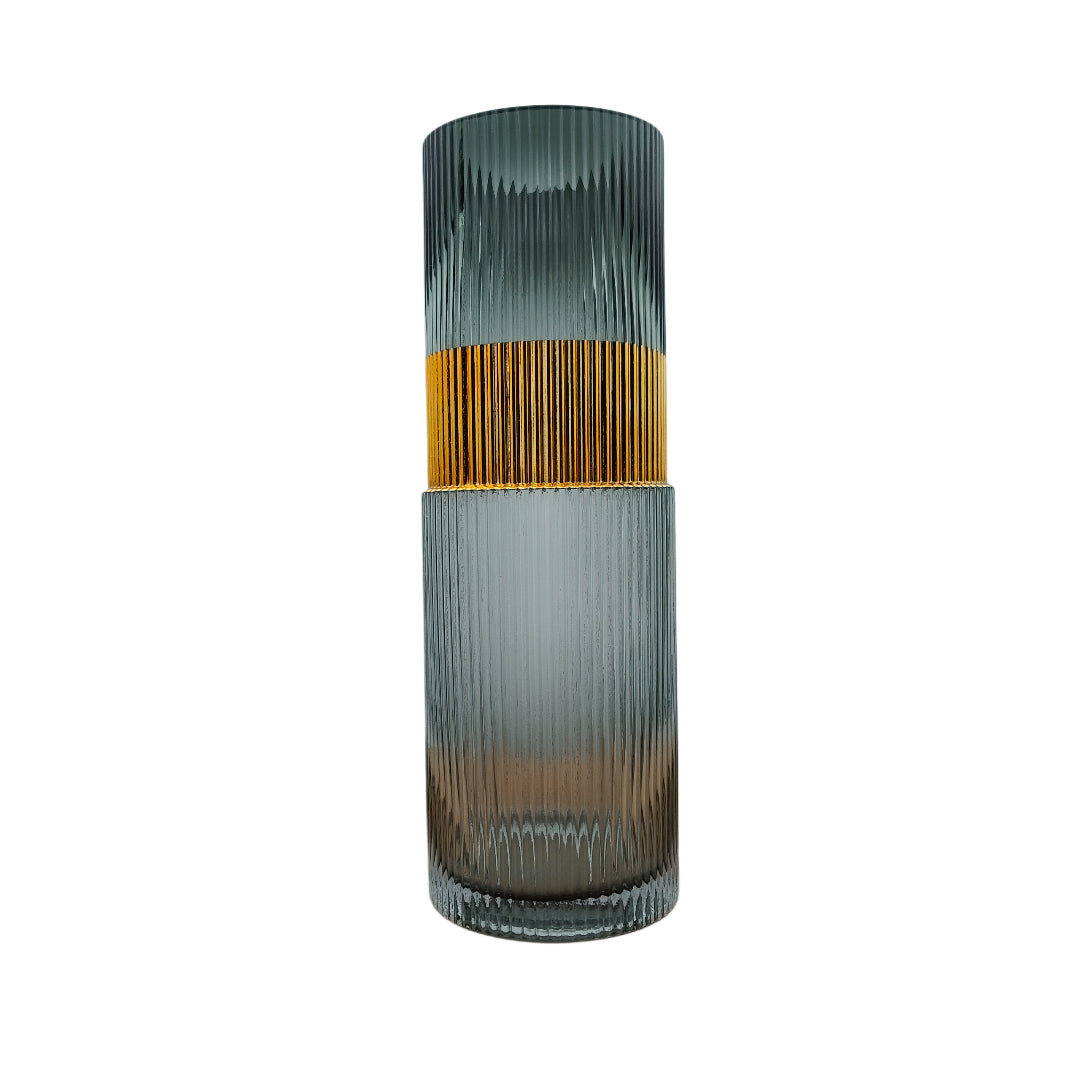 Large Smoky Grey Ribbed Glass Vase Set with Gold Accent